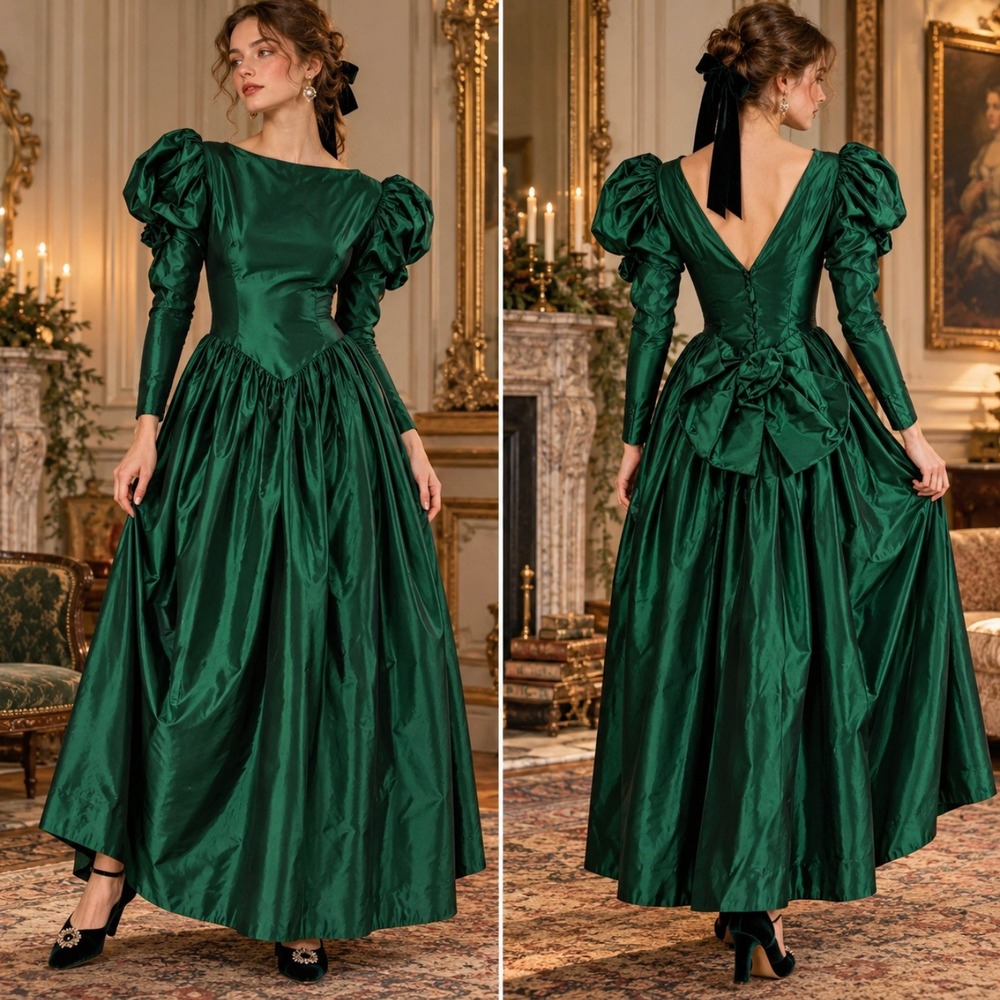 Vintage XS Gown 90s Dress Puff Sleeve Regency Holiday Victorian Whimsical Goth